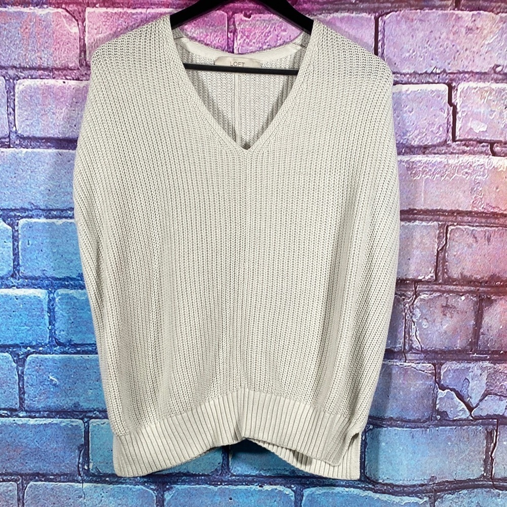LOFT Women’s Small White V-Neck Knit Sweater Pullover 100% Cotton Casual Top - Picture 2 of 9